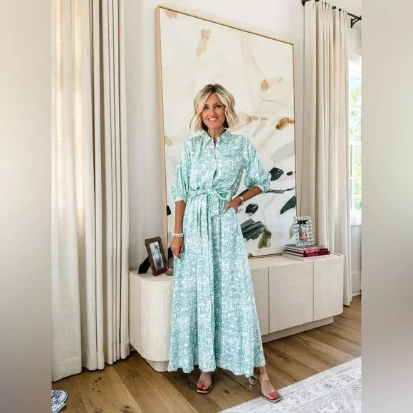 Anthropologie Maeve Button Front Belted Wrap Maxi Dress in Sky Size XL Linen - Picture 4 of 10